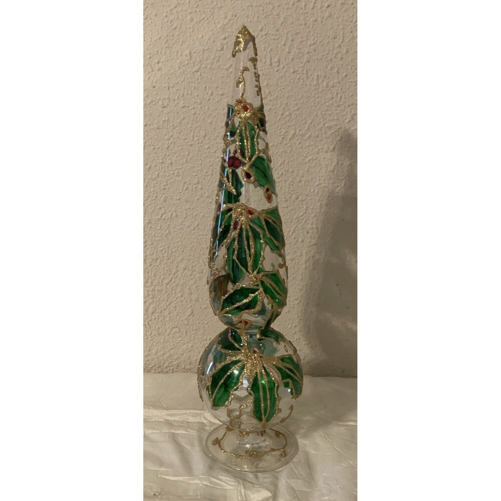 16” Green Holly Tree Top Blown Glass Decorated Finial Ornament Christmas Table